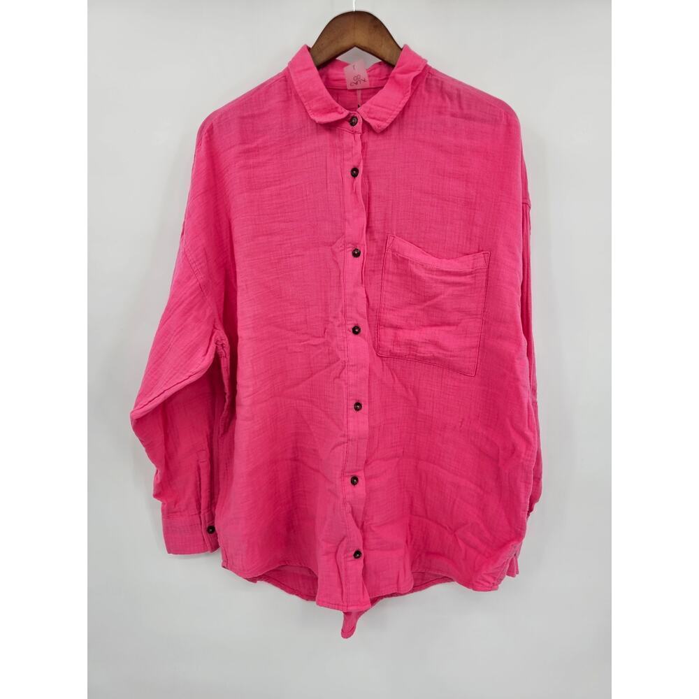 Calia Women's L Pink Heat Oversized Cotton Long Sleeve Button-down Shirt NWT